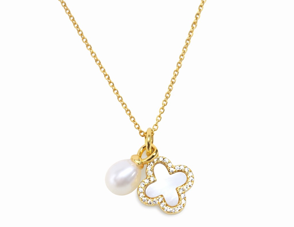 18ct Gold Plated White Clover Pendant Necklace