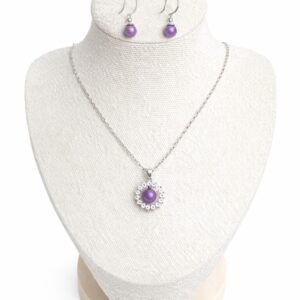 Single Purple Pearl Halo Necklace & Drop Earring Set
