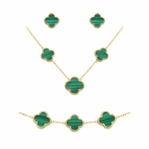 Gold Plated Stainless Steel Green Striped Clover Necklace, Bracelet & Earrings Set