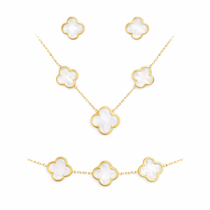 Gold Plated Stainless Steel White Clover Necklace, Bracelet & Earrings Set